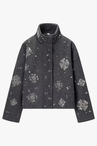 Embellished Wool Short Jacket – Grey High Neck Coat with Crystal Beads & Sequins