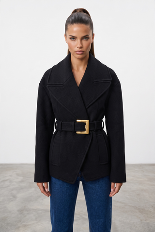 Wool-Blend Belted Short Coat with Oversized Lapel Collar