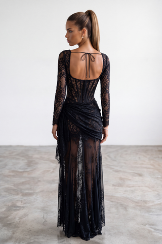 Lace Corset Long Dress – Draped Long Sleeve Gown