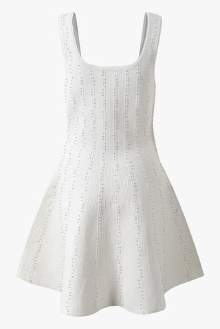 Pearl-Embellished Sculpted Knit Mini Dress with Flared Fit