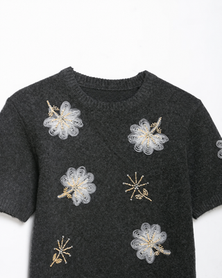 Floral Appliqué Beaded Short Sleeve Knit Top