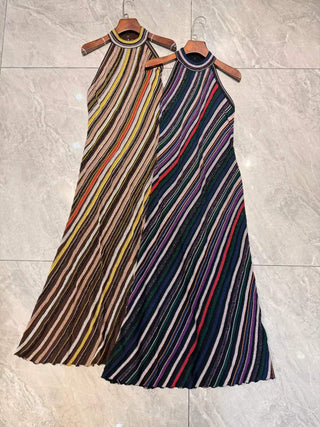 Halter Neck Open-Back Striped Knit Long Evening Dress