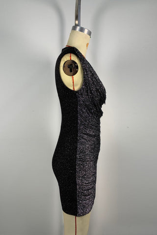 Metallic Draped Cowl Neck Sleeveless Bandage Mini Dress