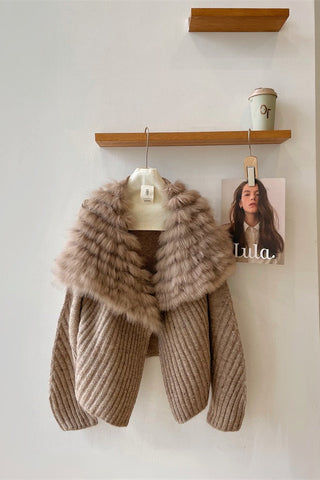 Statement Faux Fur Collar Ribbed Knit Long-Sleeve Cardigan
