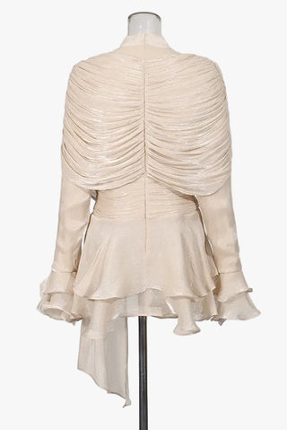 Draped Sheer Layered Dress with High Neck and Flared Cuffs