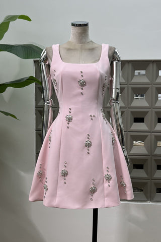 Crystal Embellished Open Back Bow Mini Dress