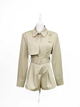 Belted Trench-Style Long Sleeve Romper with Pleated Shorts