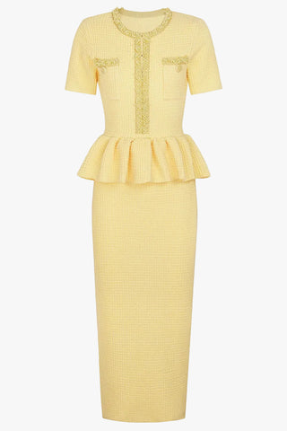 Pearl Embellished Tweed Peplum Midi Dress with Short Sleeves