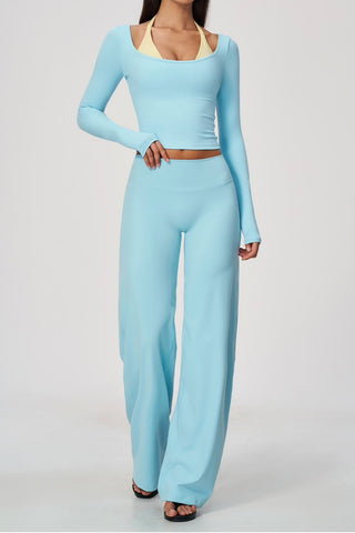 Scoop Neck Long Sleeve Top & Wide-Leg Pants Set
