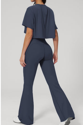 Short Sleeve Crop Top & High Waist Flared Pants Set – Snatched Fit, Made to Move