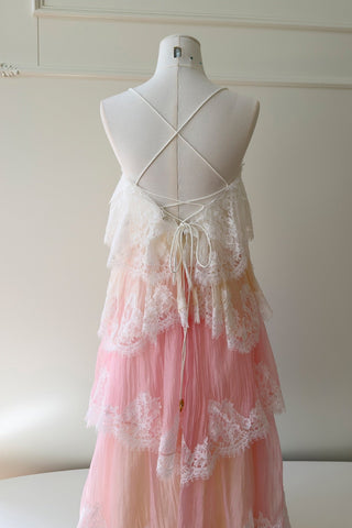 Tiered Lace Long Dress – Layered Ruffle Design, Crisscross Back & Flowy Fit