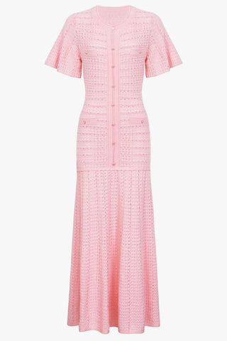 Crystal Embellished Textured Knit Short Sleeve Long Dress