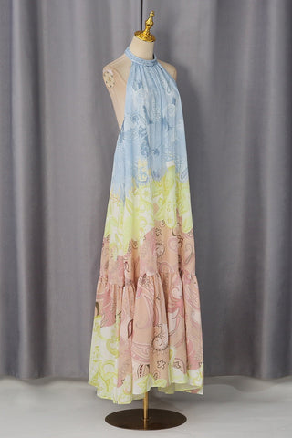 Paisley Print Halter Neck Backless Long Dress