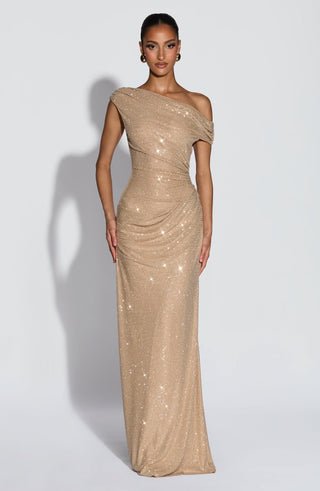 One-Shoulder Shimmer Mesh Long Evening Dress