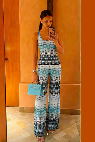 Chevron Knit Sleeveless Top & Wide-Leg Pants Set