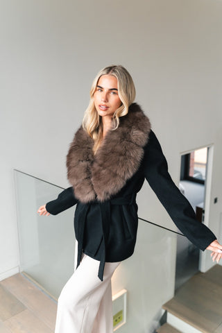 Plush Faux Fur Collar Belted Long-Sleeve Jacket