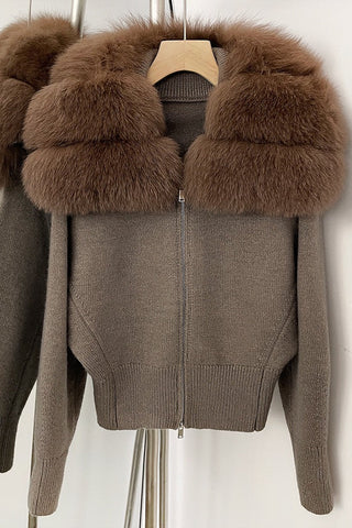 Faux Fur Collar Knitted Zip-Up Jacket