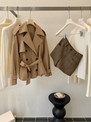 Double-Breasted Belted Short Trench Jacket with Balloon Hem