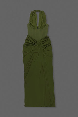 Halter Neck Corset Sleeveless Long Dress with Draped Slit