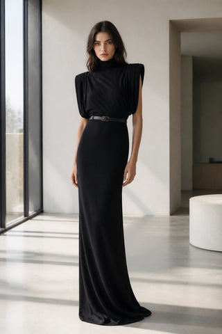 High-Neck Draped Shoulder Long Dress with Belt