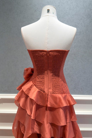 Statement Pleated Strapless Corset Long Dress with Dramatic Ruffles & Floral Detail