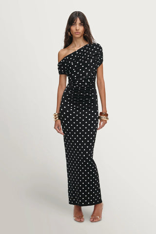 Off-Shoulder Polka Dot Knitted Long Dress – Draped Fitted Silhouette