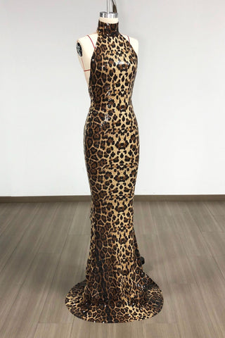 Leopard Print Long Dress – High Neck Sleeveless Sequin Mesh Fabric & Open Back Design