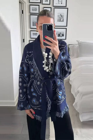 Boho Fringe Knit Cardigan – Jacquard Pattern, Long-Sleeve, Belted Design