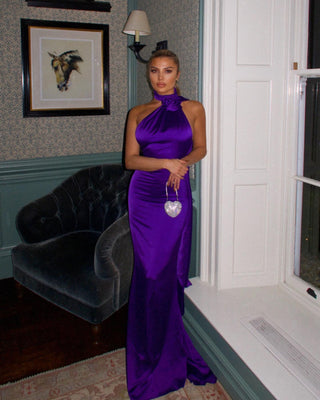 Elegant Purple Satin One-Shoulder Evening Long Dress