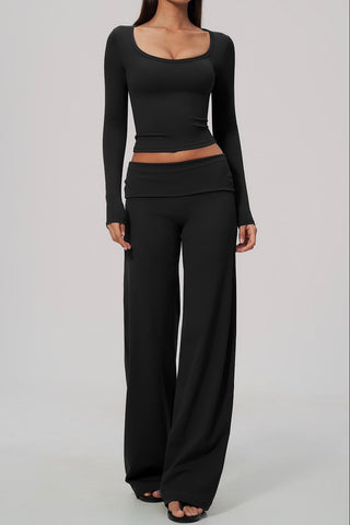 Scoop Neck Long Sleeve Top & Foldover Wide-Leg Pants Set