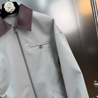 Contrast Faux Leather Collar Long Sleeve Tailored Zip-Up Jacket