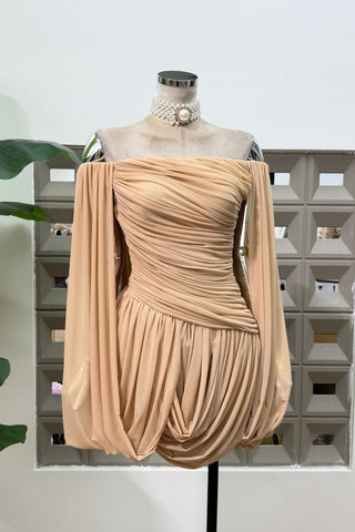 Romantic Draped Off-Shoulder Mini Dress with Sheer Sleeves & Sculpted Fit