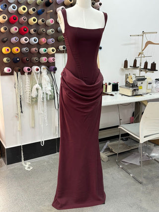 Structured Corset Back Long Dress with Draped Silhouette