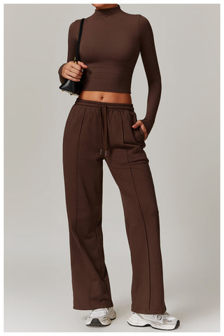 Seamless Mock-Neck Long Sleeve Crop Top & Straight-Leg Jogger Set