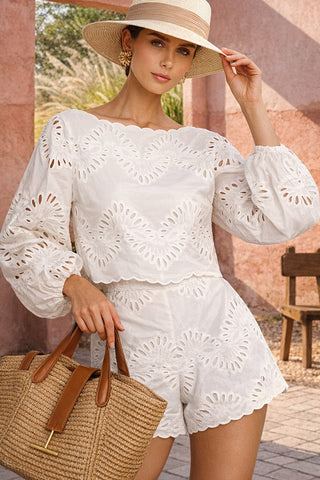 Embroidered Top & Shorts Set – Relaxed Fit, Scalloped Hem & Elastic-Waist Shorts