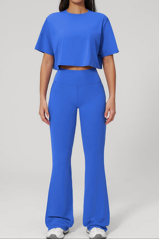 Short Sleeve Crop Top & High Waist Flared Pants Set – Snatched Fit, Made to Move