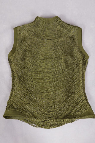 Sleeveless Bandage Metallic Top & Satin Skirt Set – Sculpted High Neck, Fluid Draped Fit, Refined Evening Look