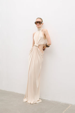 Luxe Halter Neck Cut-Out Long Dress with Draped Knot Detail