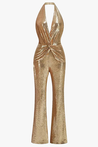 Sequin Halter Neck Sleeveless Flared Jumpsuit