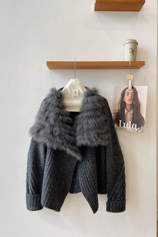Statement Faux Fur Collar Ribbed Knit Long-Sleeve Cardigan