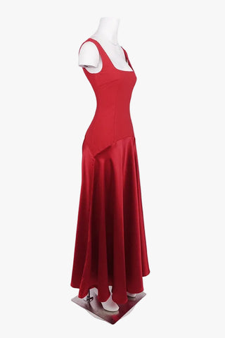 Square Neck Fitted Bodice Long Dress with Flared Satin Skirt