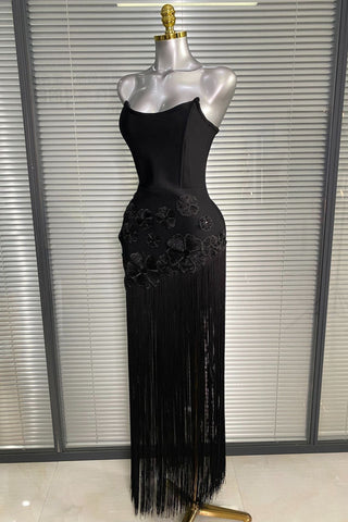 Strapless Floral Appliqué Fringe Long Dress with Bodycon Silhouette