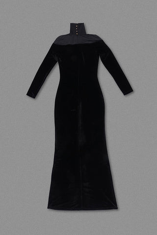 Velvet Mesh High Neck Long Dress – Long Sleeve Evening Gown