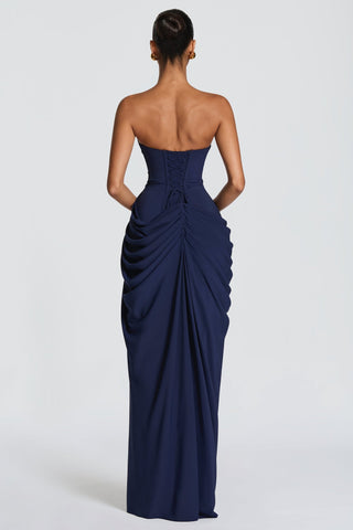 Strapless Ruched Long Dress with High Slit – Draped Waist & Smooth Fit