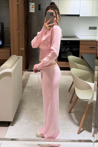 Ribbed Knit Two-Piece Lounge Set – Button Cardigan & Wide-Leg Pants