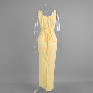 Sleeveless Linen-Blend Peplum Top & Long Skirt Co-Ord Set with Lace-Up Back