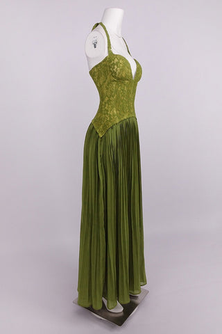 Lace Corset Halter Neck Pleated Long Dress with Lace-Up Back