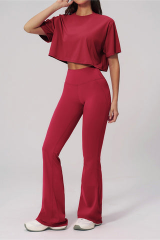 Short Sleeve Crop Top & High Waist Flared Pants Set – Snatched Fit, Made to Move