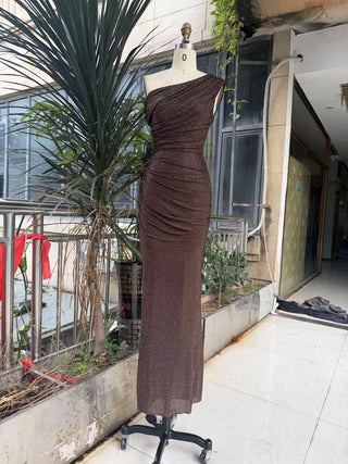 One-Shoulder Shimmer Mesh Long Evening Dress