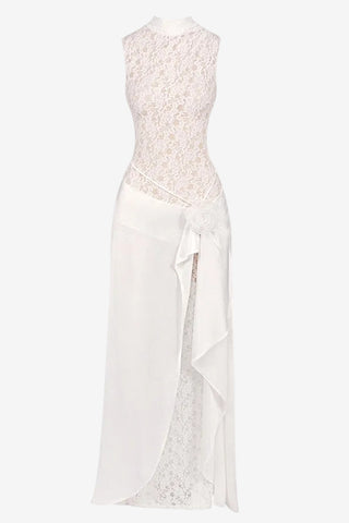 Sleeveless High Neck Lace & Draped Satin Rosette Long Dress
